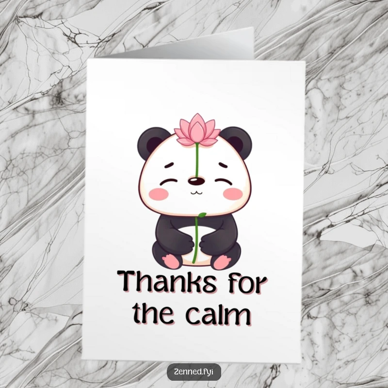 Free Printable Thank You Card: Serene panda balancing a tiny lotus flower on its nose, showing thanks. Downloadable.