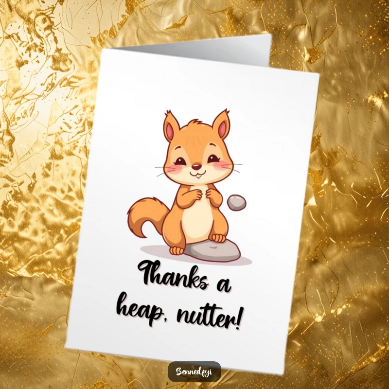 Funny free printable thank you card showing a playful squirrel gently levitating a tiny pebble with focused effort.