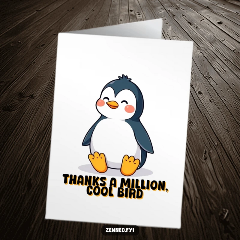 Funny free printable thank you card of a proud penguin in a perfectly balanced meditative posture, conveying peace.