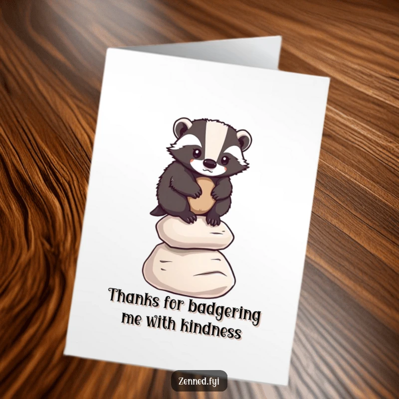 Funny Free Printable Thank You Card depicting a determined badger balancing on pebbles, conveying gratitude for steadfastness.