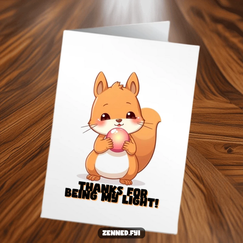 Funny Free Printable Thank You Card: A content squirrel holds a glowing orb, offering a radiant thank you.