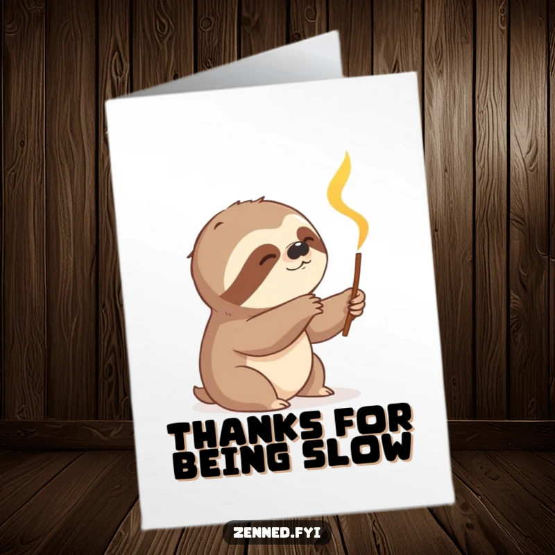 Free Printable Thank You Card: Content sloth slowly reaching for a glowing incense stick, showing thanks. Downloadable.