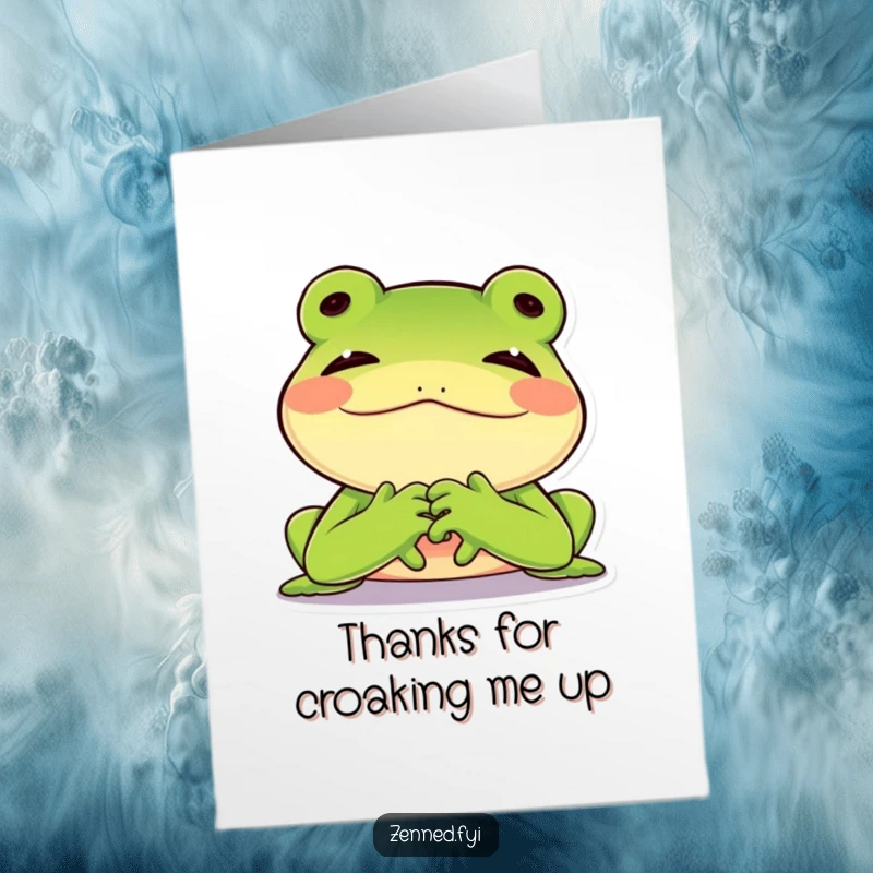 Funny Free Printable Thank You Card featuring a joyful green frog resting its chin on folded hands, conveying happy gratitude.