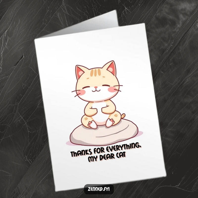 Funny free printable thank you card with a cheerful Kawaii cat character meditating on a rock, offering peaceful thanks.