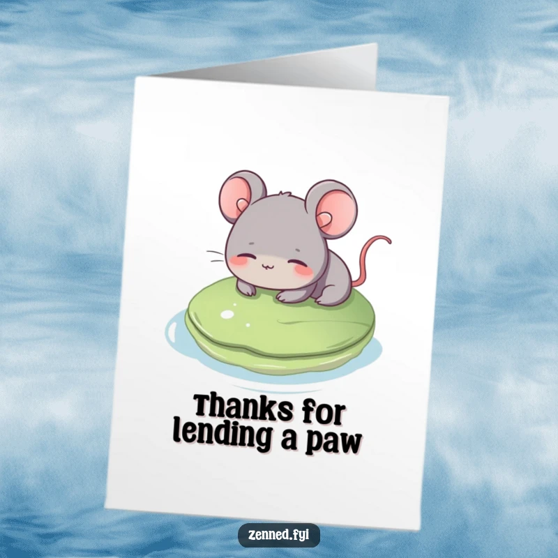 Funny Free Printable Thank You Card: Grey Mouse Smiling Gently, Floating Serene on a Lily Pad