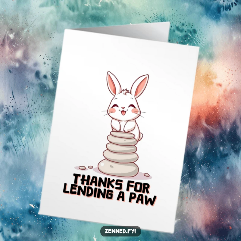 Funny Free Printable Thank You Card: A giggling rabbit balances stones, showing thanks with a playful, cheerful demeanor.