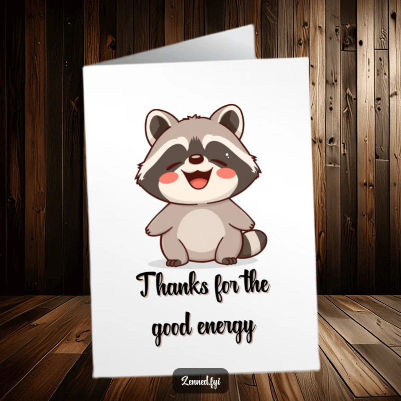 Funny Free Printable Thank You Card: Delighted raccoon radiating calm, contented energy. A humorous and heartwarming way to say thanks.