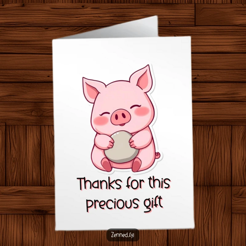 Funny Free Printable Thank You Card: Pink Pig Smiling Calmly, Cradling a Small Smooth Pebble