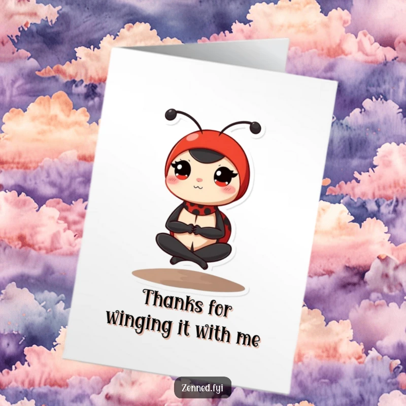 Funny Free Printable Thank You Card: A red ladybug in a serene, legs-crossed balancing pose, looking thoughtful.