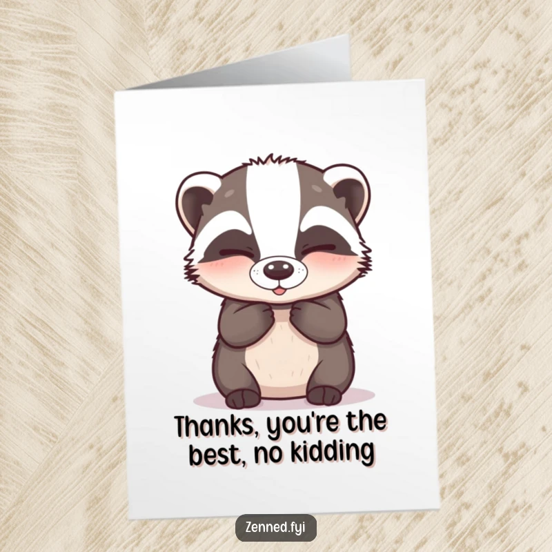 Funny Free Printable Thank You Card featuring a happy badger taking a deep, calm breath with eyes closed.