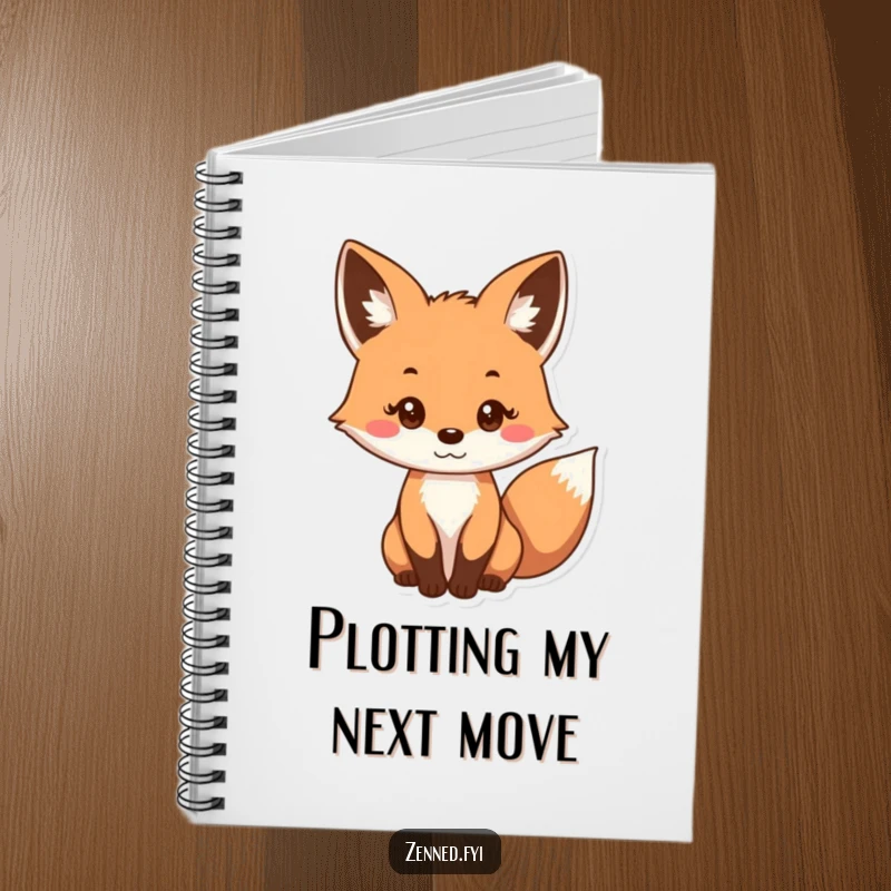Funny notebook featuring a curious fox character with a gentle, focused gaze, ideal for writing, sketching, and brainstorming.