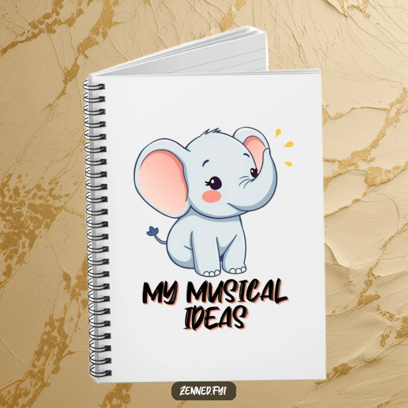 Funny cheerful elephant playing a horn on a notebook cover, great for journaling, a funny gift.