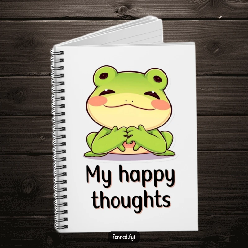 Funny notebook with a joyful green frog sighing contentedly, perfect for jotting down happy thoughts, charming funny gift.
