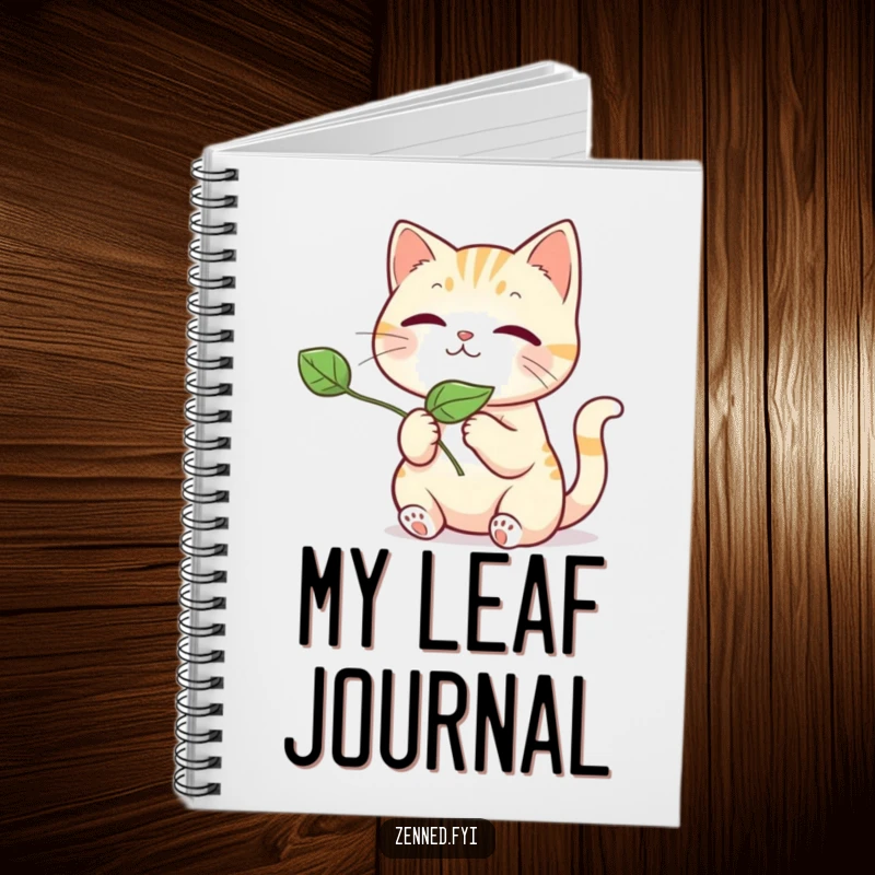 Funny kawaii cat notebook, featuring a cute cat gently releasing a leaf, ideal for jotting down funny ideas and inspirations.