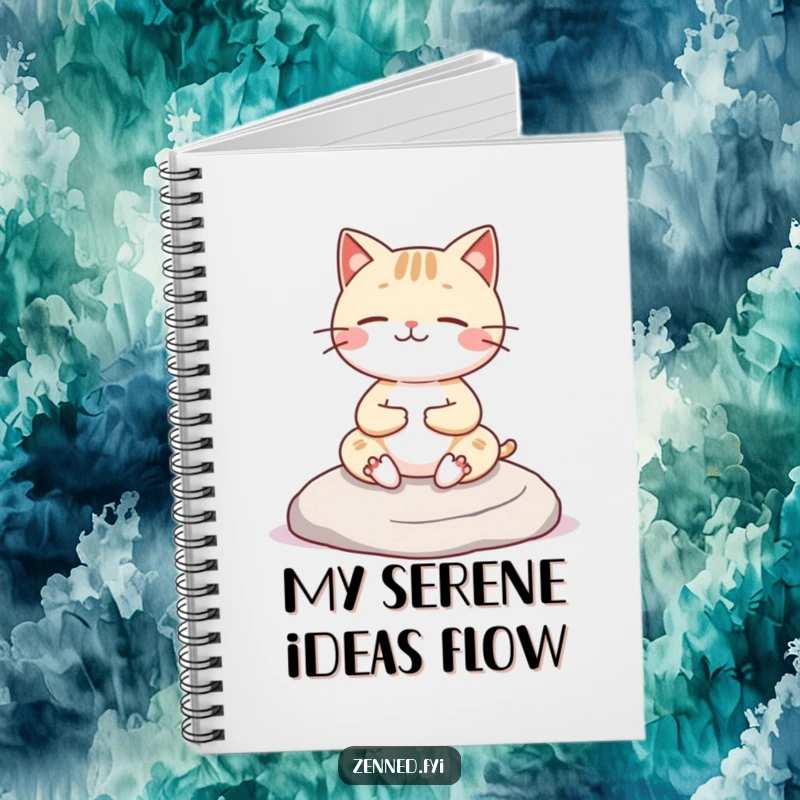 Funny Kawaii cat notebook with a cheerful character meditating on a rock, ideal for jotting down thoughts with zen humor, a thoughtful gift.