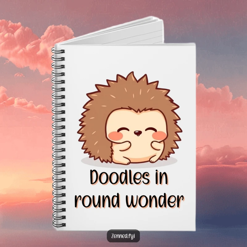 Funny notebook with a kawaii hedgehog rolled into a serene, rounded shape, ideal for jotting down cozy thoughts humorously.