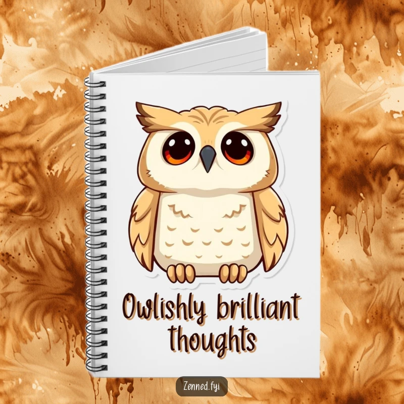 Funny notebook cover featuring a calm owl gazing upwards with deep understanding, inspiring insightful thoughts and humorous planning.