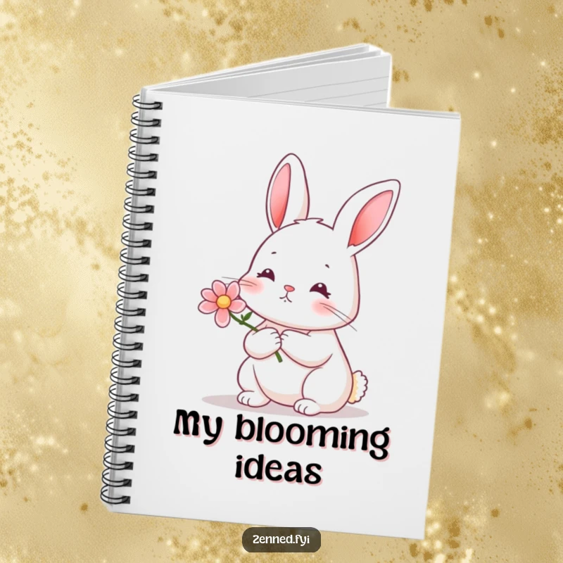 Funny rabbit flower notebook featuring a serene rabbit holding a tiny blooming flower, ideal for journaling.