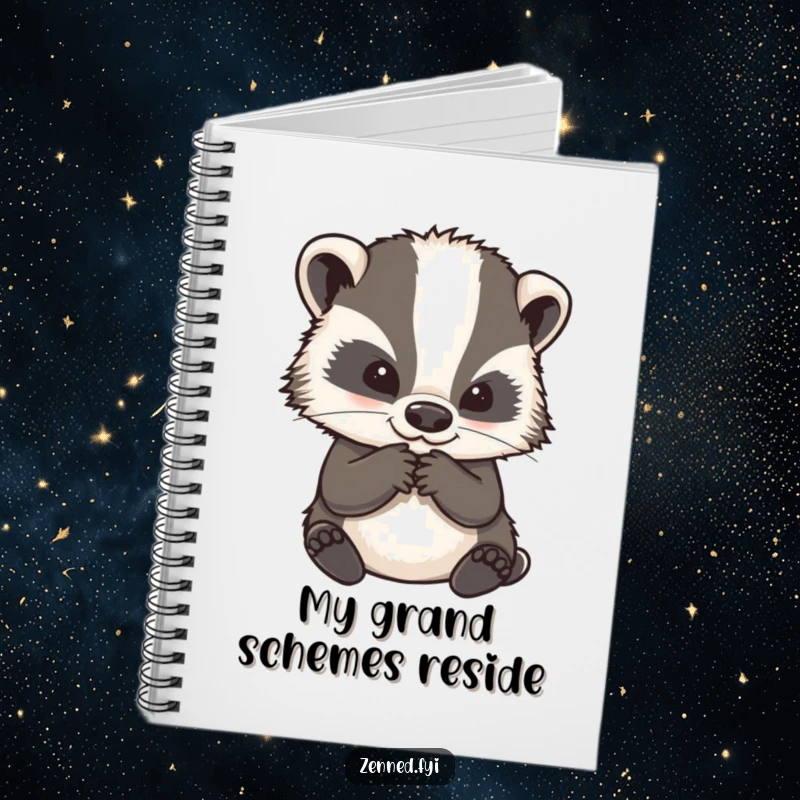 Funny notebook with a wise badger character in a thoughtful, contemplative pose, perfect for jotting down funny thoughts.