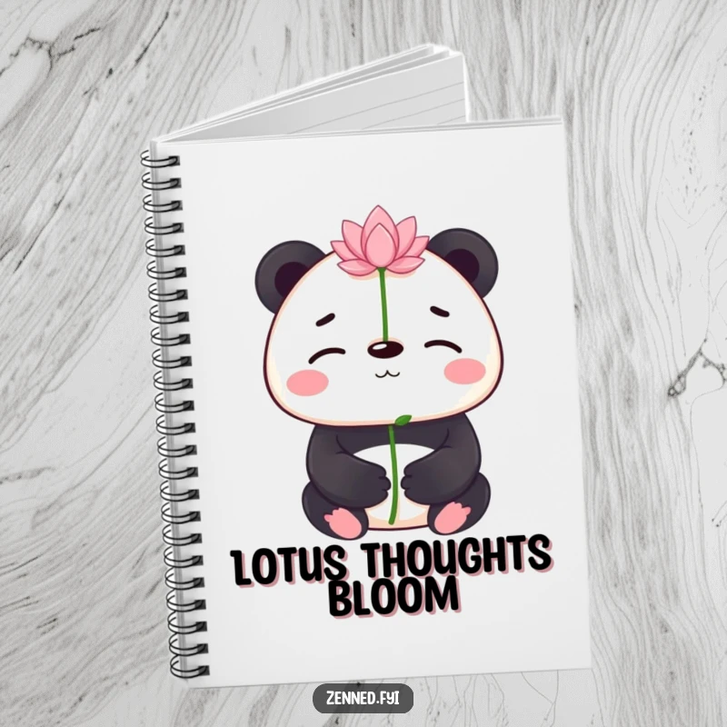Funny panda balancing a lotus flower on its nose on a notebook cover, a serene and humorous design for a funny gift.