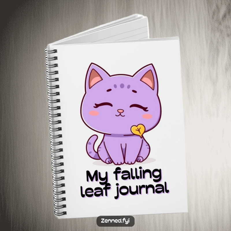 Funny cat notebook with a thoughtful purple cat in a peaceful mood, observing a gently falling leaf, perfect for serene note-taking.