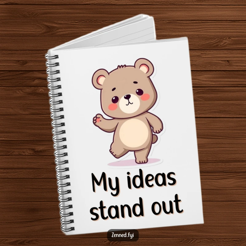 Funny Kawaii bear notebook with a determined character balancing on one leg, ideal for writing and a humorous, motivational gift.