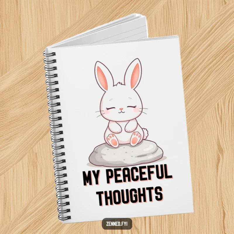 Funny notebook with a serene white rabbit meditating, perfect for jotting down peaceful thoughts, a charming funny gift.