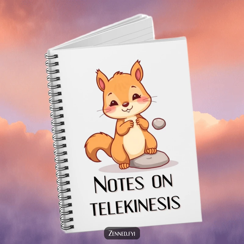 Funny notebook with a playful squirrel gently levitating a tiny pebble, perfect for jotting down magical ideas and imaginative stories.