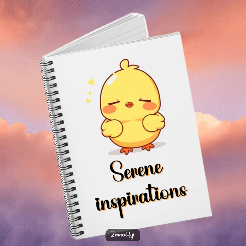 Funny notebook with a serene yellow chick breathing deeply, perfect for jotting down peaceful thoughts, charming funny gift.