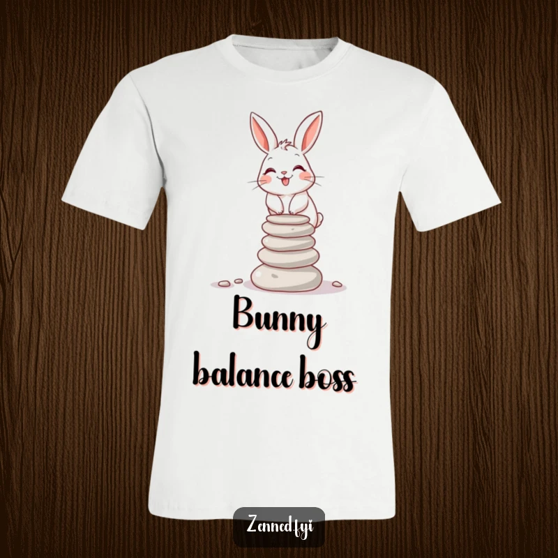 A giggling rabbit balances a small stack of smooth stones on a comfortable t-shirt, a perfect funny gift.