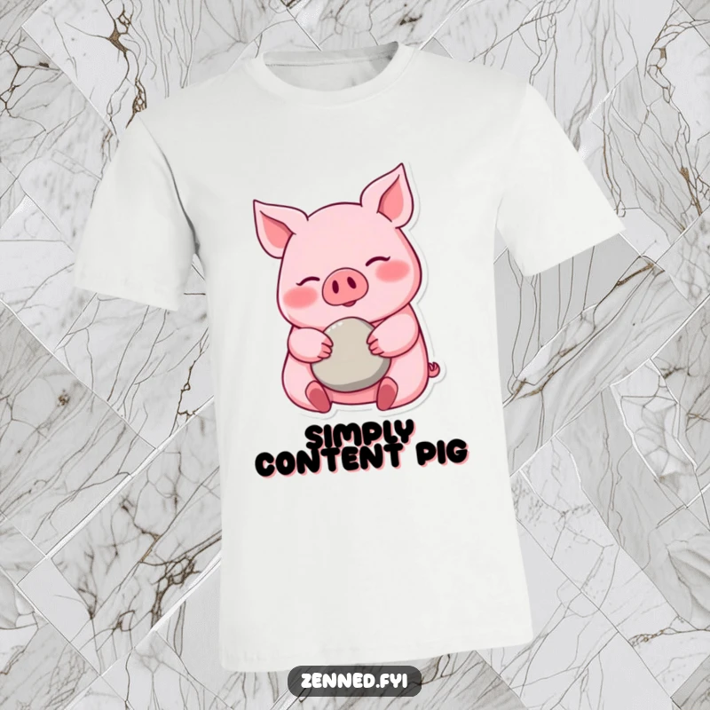 Funny pink pig t-shirt, calm smile, cradling a smooth pebble, happy and peaceful, ideal for casual wear, a fun funny gift.