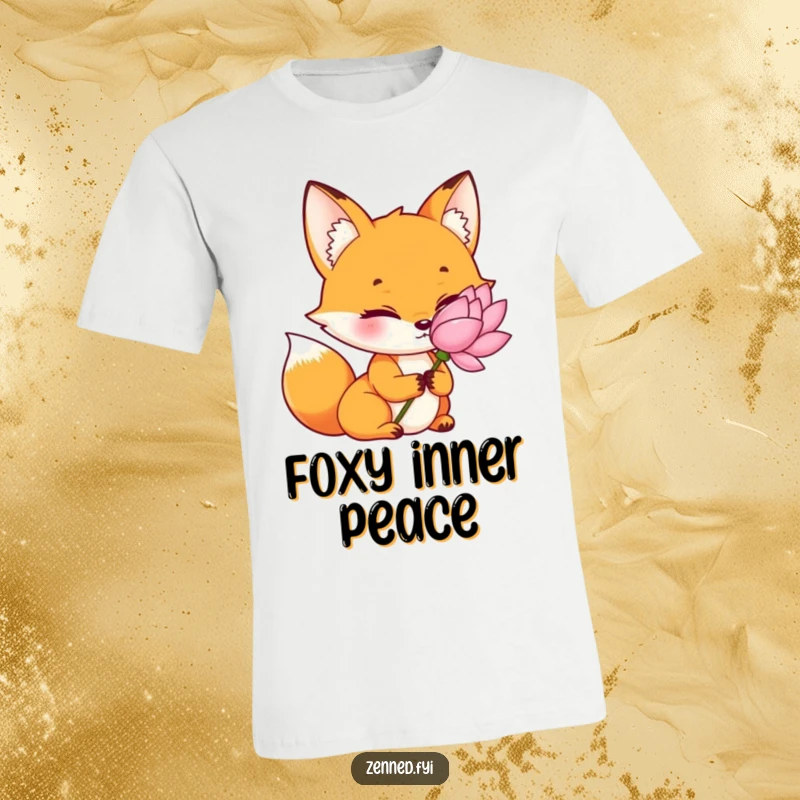 Funny orange fox t-shirt, tranquil gaze, holding a lotus flower, determined yet peaceful, ideal for nature lovers, a cool funny gift.