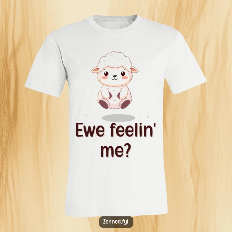 Funny Zen Sheep T-Shirt showing a fluffy sheep meditating and floating peacefully, embodying whimsical calm and humor.