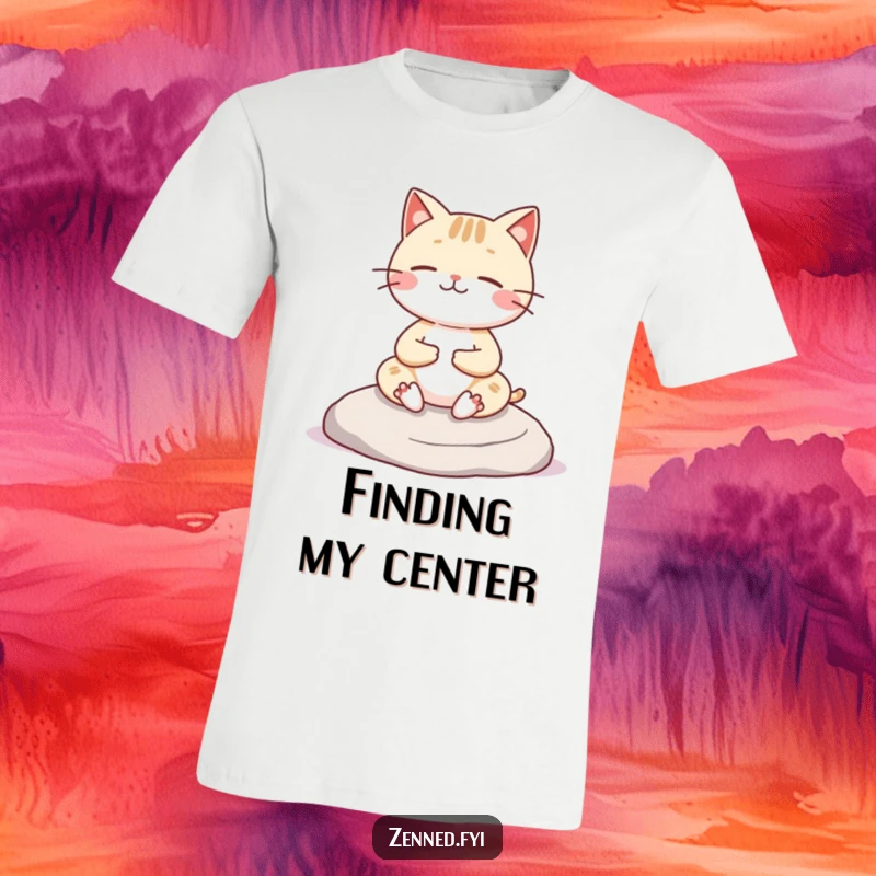 Funny Kawaii cat T-shirt displaying a cheerful character meditating on a rock, exuding zen and charm, a great gift idea.