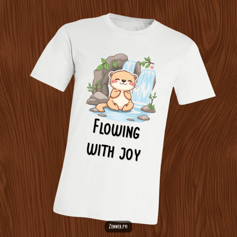 Funny otter t-shirt with a playful character meditating happily beside a miniature flowing waterfall, ideal for humorous relaxation.