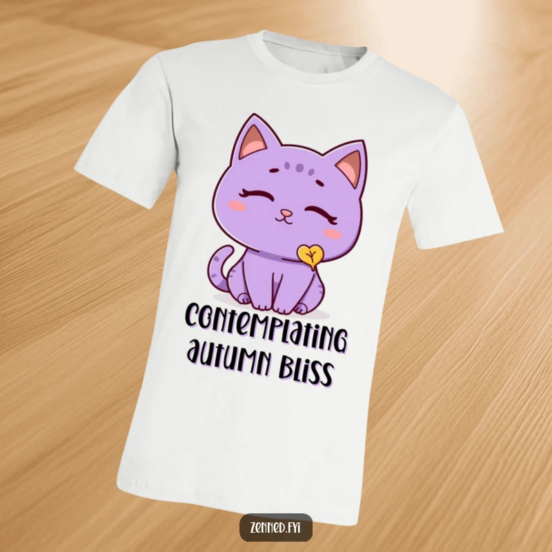 Funny cat t-shirt with a thoughtful purple cat in a peaceful mood, observing a single, slowly falling leaf, evoking peaceful reflection.