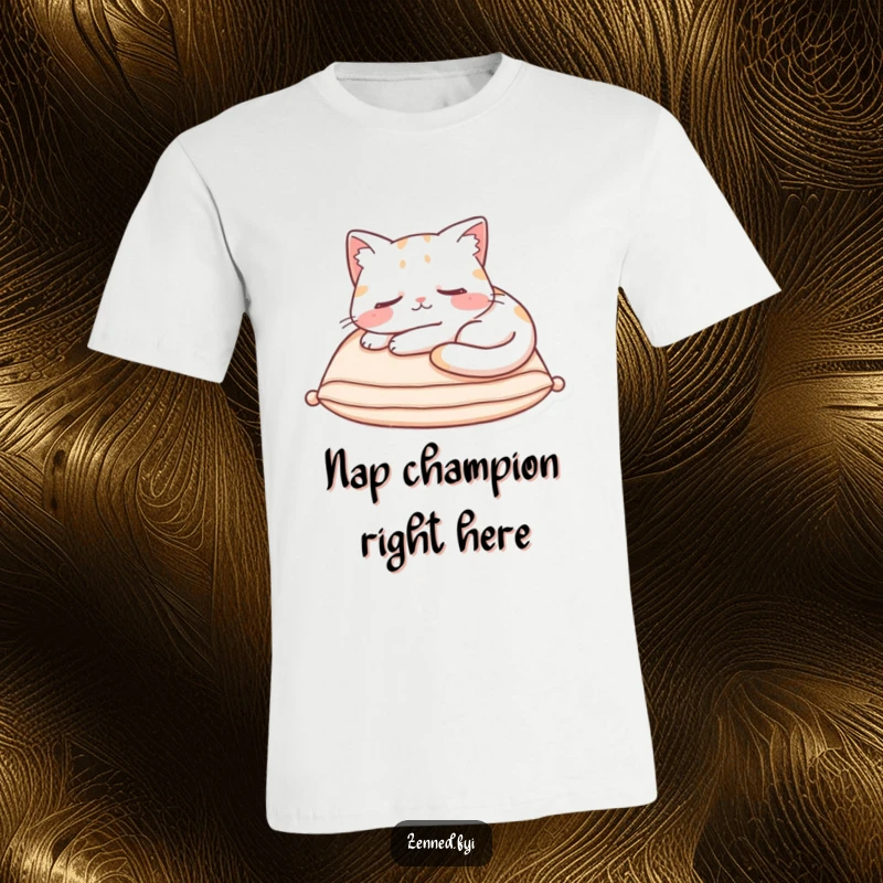 Funny T-Shirt with a content cat character curled up asleep on a cushion, embodying hilarious cozy slumber.