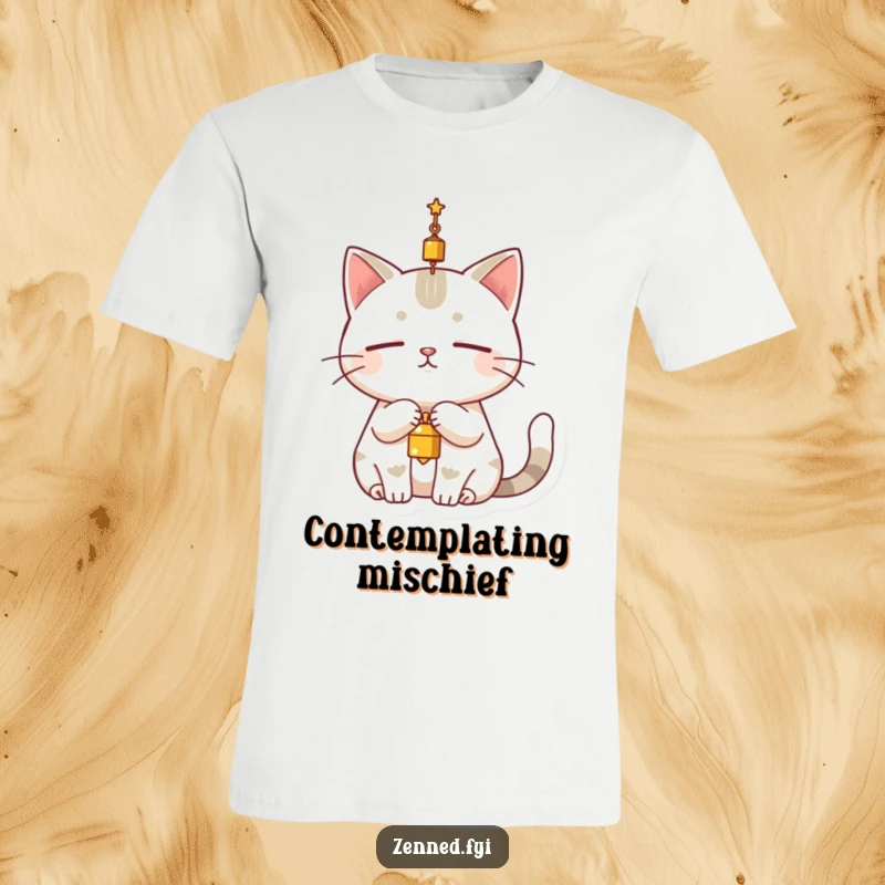 Funny cat t-shirt with a serene character dangling a small bell above its head, completely still, perfect for humorous calm.