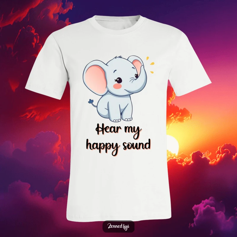 A cheerful elephant gently blows a serene horn on a comfortable t-shirt, a perfect funny gift.