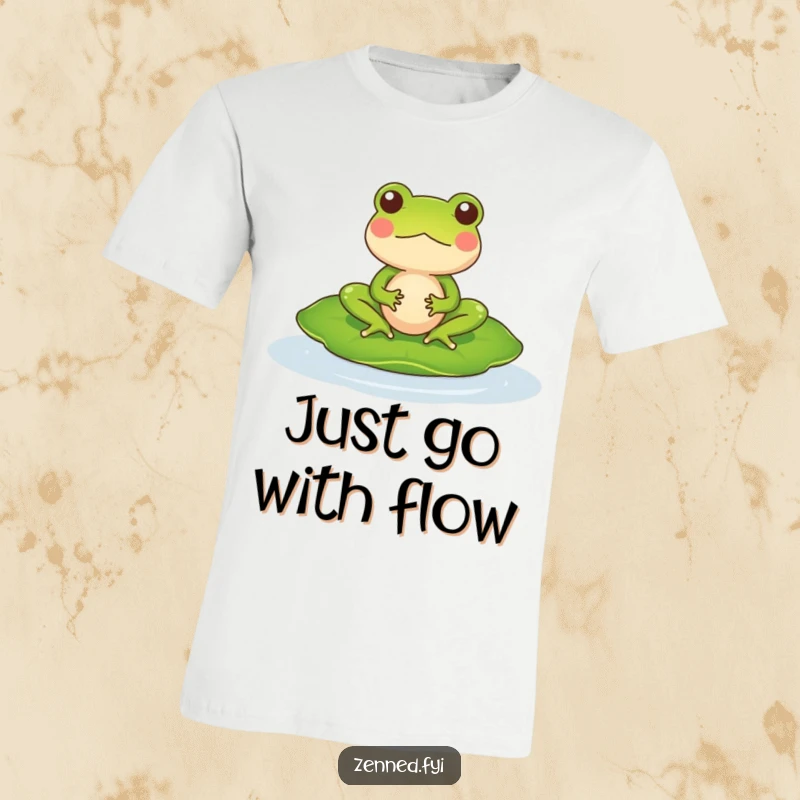 Funny T-Shirt with a meditating frog character floating serenely on a lily pad, a picture of pure, comical tranquility.