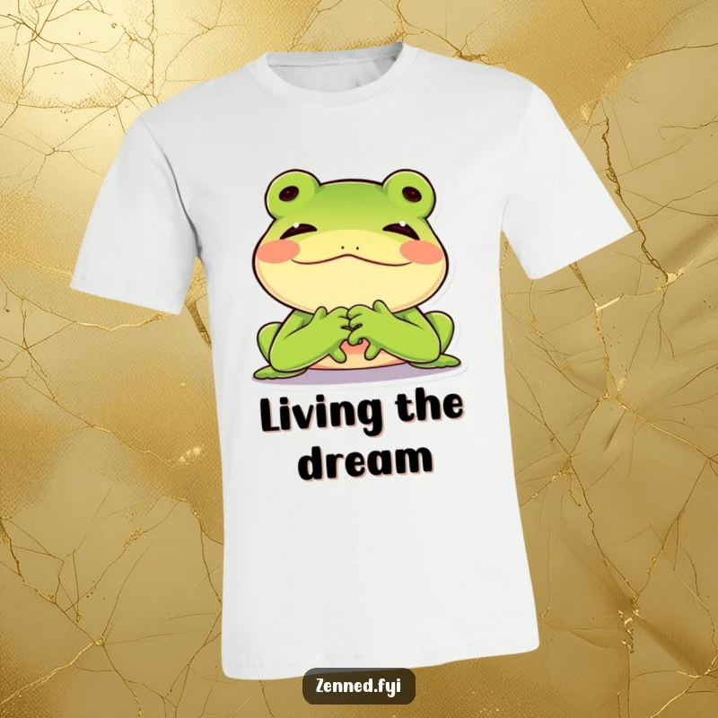 Funny green frog resting its chin on folded hands with a contented sigh, joyful character, ideal funny gift.