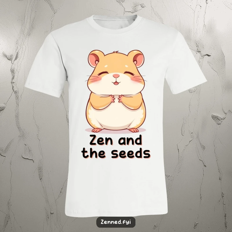 Funny hamster meditation t-shirt with a contented hamster in a zen pose, perfect for yoga enthusiasts and pet lovers seeking humor.