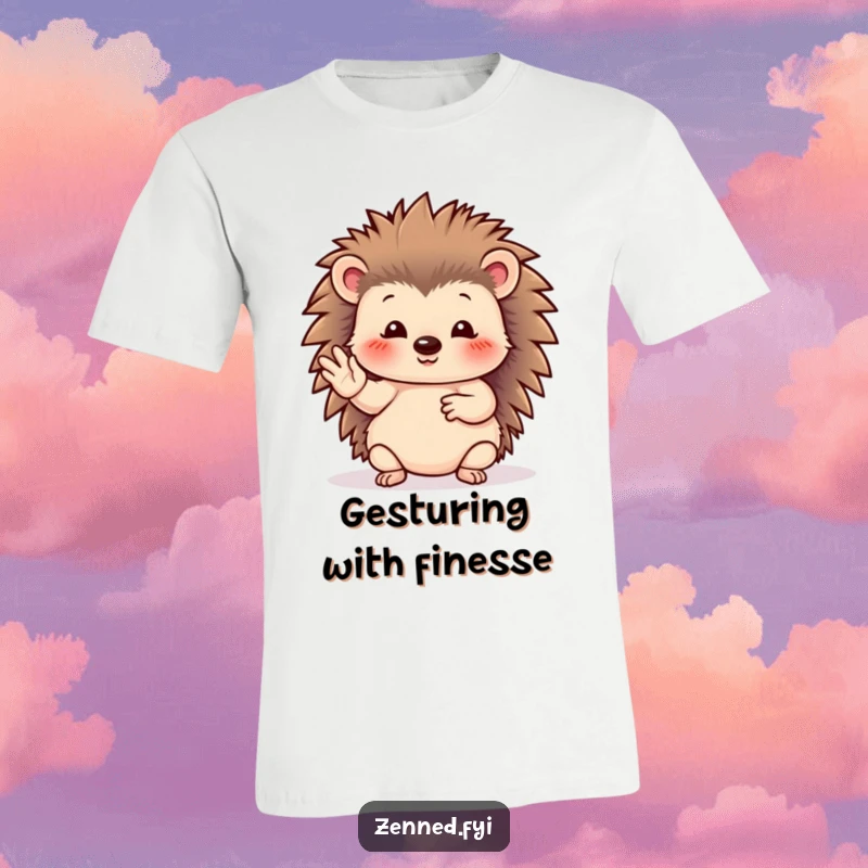 Funny hedgehog t-shirt featuring a serene animal performing an elegant hand gesture, perfect for a calm and humorous vibe.