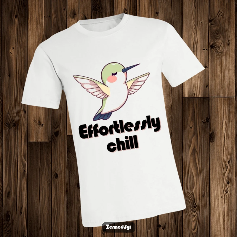 Funny hovering hummingbird t-shirt, radiating peace and calmness, symbolizing stillness and zen, humorous apparel.