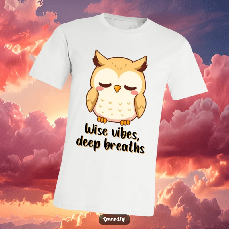 Funny Kawaii Owl T-Shirt: A curious owl with a gentle smile deeply inhales, promoting relaxation and joy in a comfortable tee.