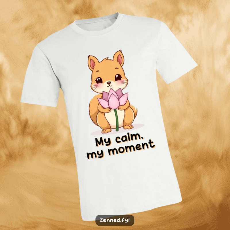 Funny t-shirt displaying a kawaii squirrel holding a single, still lotus flower, promoting peace and humor with adorable charm.