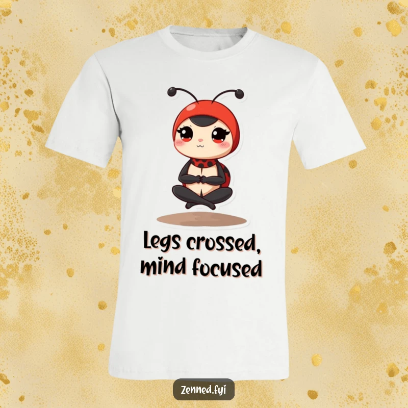 Funny ladybug t-shirt with a determined red ladybug in a peaceful, cross-legged yoga pose, perfect for humor and relaxation.