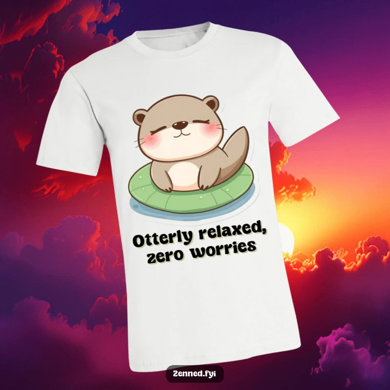 Funny otter lily pad t-shirt showing a happy otter floating peacefully on a lily pad with eyes closed.