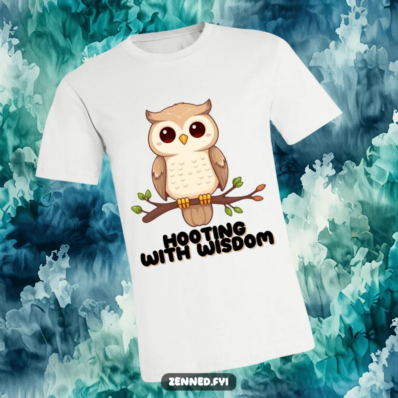 Funny owl t-shirt, perched on a branch, completely still and centered, symbolizing zen and humor.