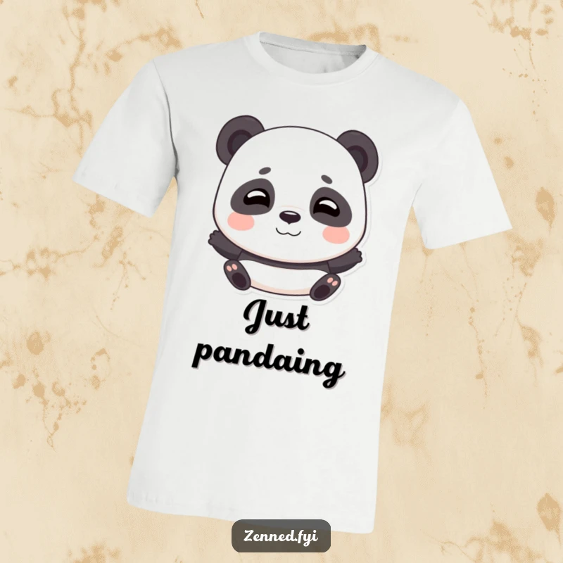 Funny t-shirt design of a playful panda taking deep breaths with a serene smile, radiating joy.